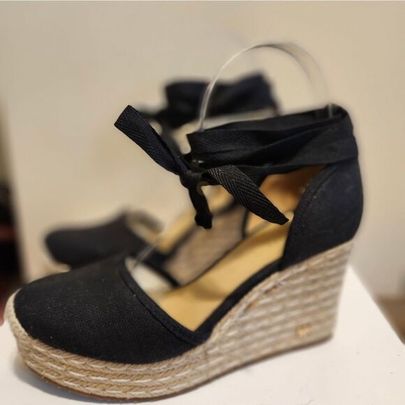 Michael Kors Black Canvas Wedge Heel Tie-up Mk Logo Espadrilles Sz.6 Ret.$184 - Picture 1 of 11